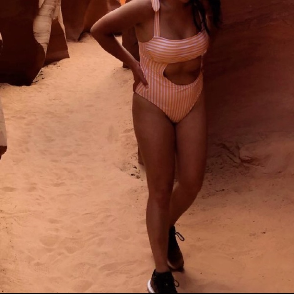 Side cut, orange and white stripe side cut out bikini size M